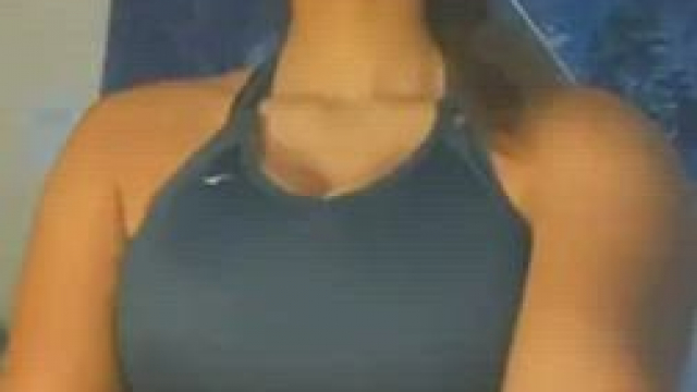 Velcro sports bra needed to help support her big tits. You can even hear the tit