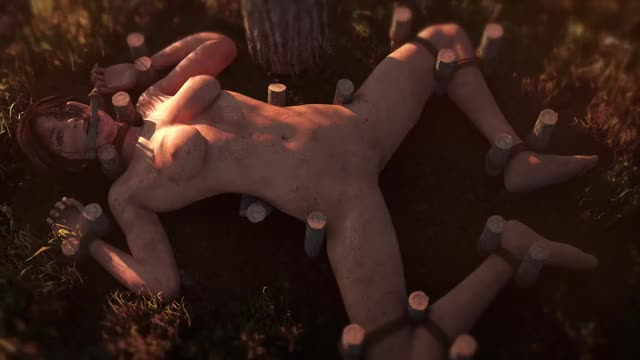 Lara Croft tied to the ground in the forest (animated with sound)