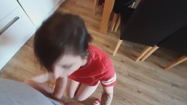 Wife gives a blowjob to her neighbor and takes the cum on her face