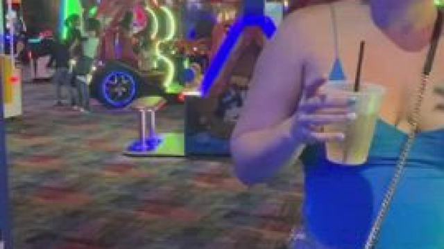 [GIF]Flashing my melons at the bowling alley arcade