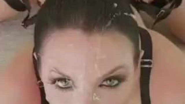 Angela White Fucked, face covered in cum.