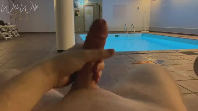 Wi[f]e walking naked in public hotel pool area, husband [m]asturbates