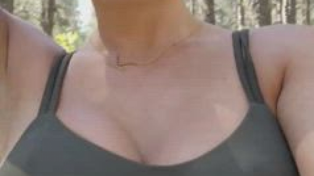 Sweaty titty drop in the woods on my hike. Do you like how they bounce?